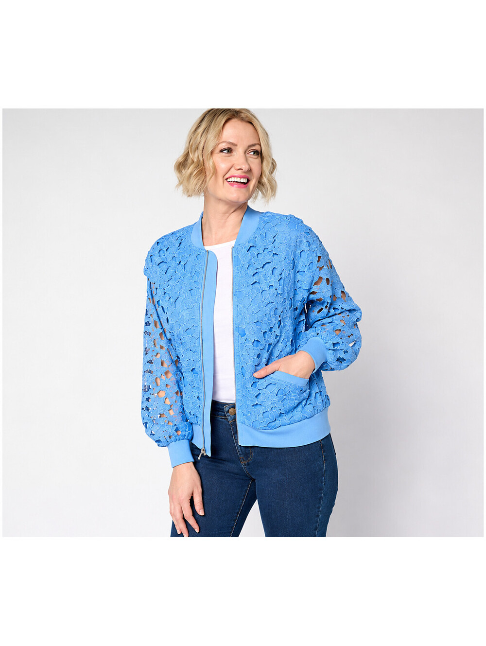 Isaac Mizrahi Live! Zip Front Lace Bomber Jacket with Pockets Blue, Size Medium